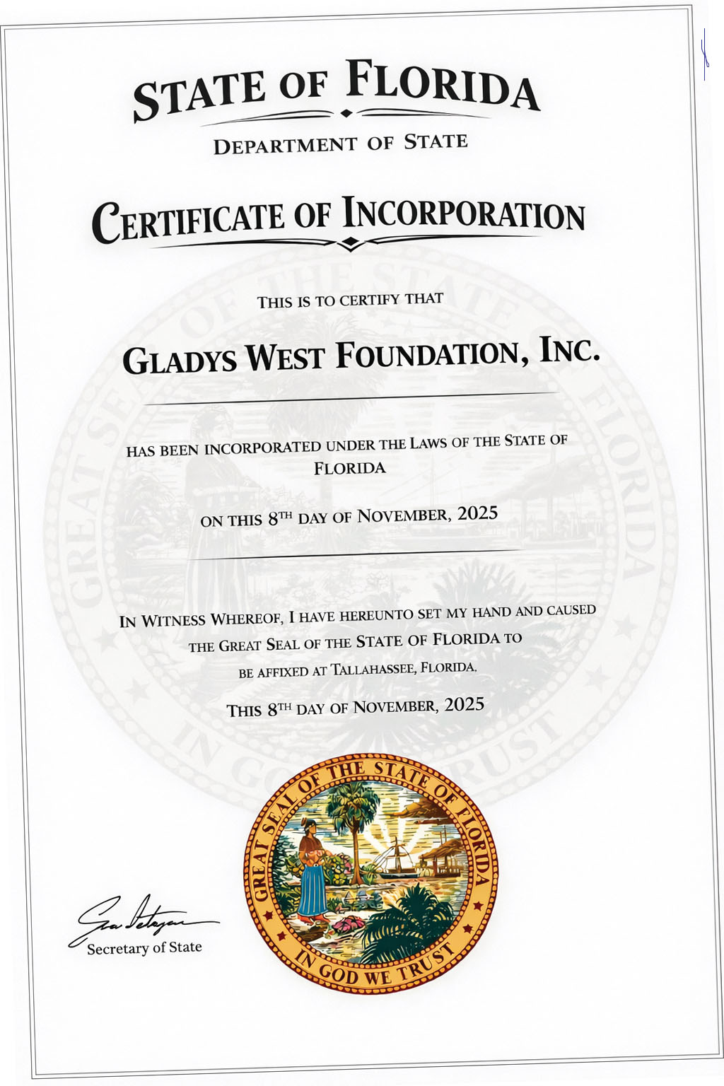 Dr. Gladys West Foundation Certificate